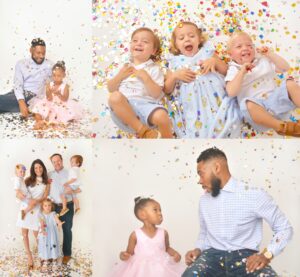 glitter sessions in houston with white background and rainbow confetti