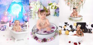 baby girls smiling in their milk bath photoshoot in houston