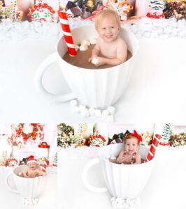 babies sitting in hot chocolate baths in a studio in houston texas