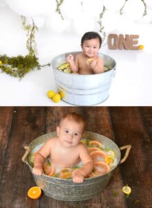 babies sitting in a fruit bath at their photoshoot in houston