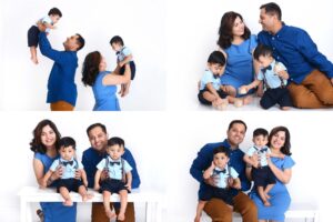 family poses with their twin boys for a studio photoshoot in houston