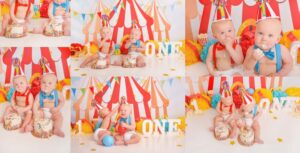 circus themed cake smash photoshoot twin boys